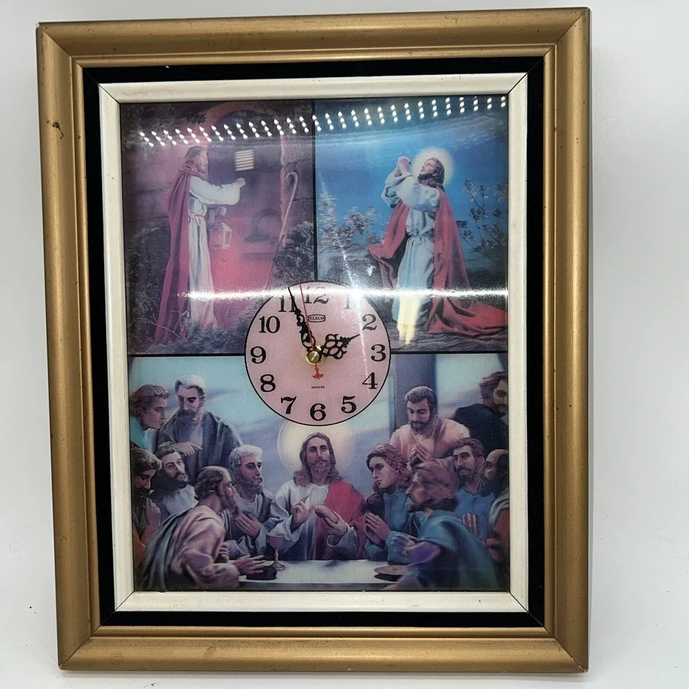 Vtg‎ Eleco Wall Clock Jesus Holographic Framed Last Supper, Door Knock, Praying